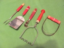5 Vintage Utensils Red Handles. 3) ANDROCK. 2 A & J. - MADE IN USA.