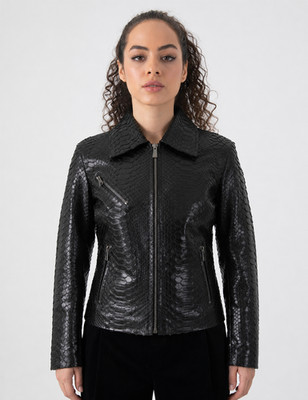 Women's Black Snakeskin Leather Jacket - Slim Fit - Zip Up - Stylish Biker Coat