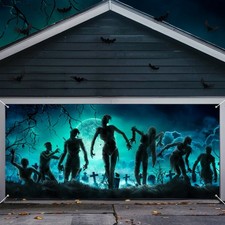 Halloween Garage Door Cover, 7X16 Ft Outdoor Party Decorations Spooky Zombies