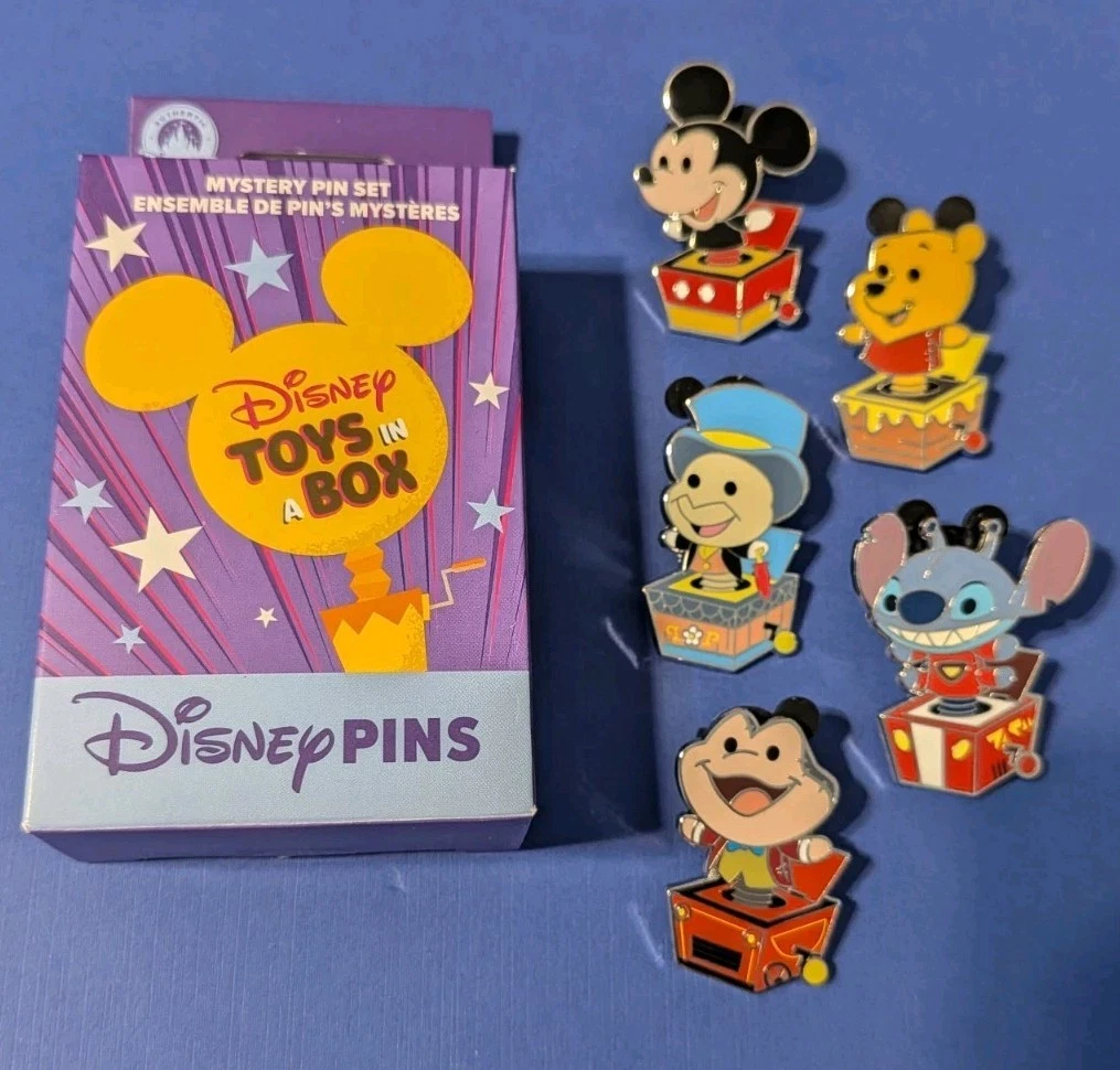 Disney Parks Toys In A Box Mystery Box 5 Pin Set Mr Toad Mickey Stitch Pooh