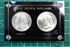 Morgan Dollar 1884 & Peace Dollar 1923 US Silver $1 Coins Set with Display Case
