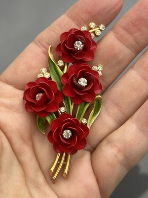 Crown Trifari Red Enamel Gold Tone w/ Rhinestones 4 Flower Brooch Lapel Pin VTG