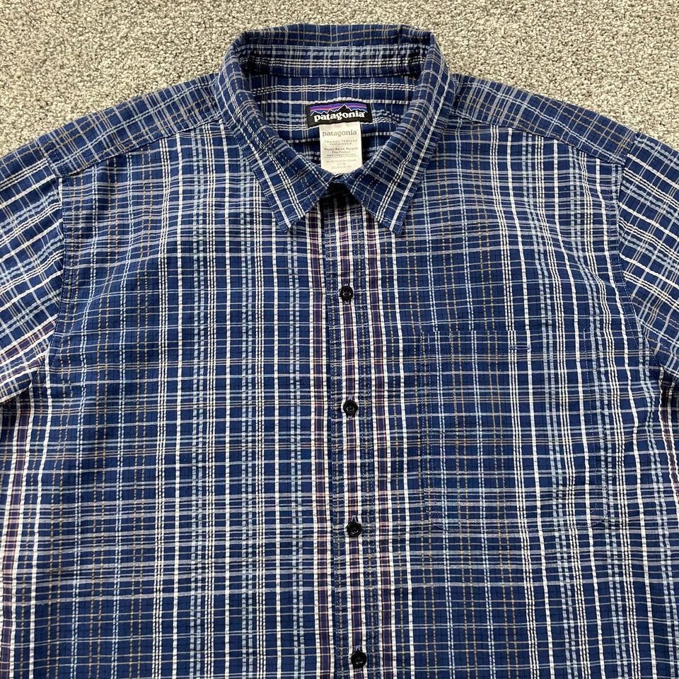 Patagonia Shirt Men Large Blue Plaid Button Seersucker Puckerwear Hiking Fishing - Image 2 of 4