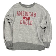 American Eagle 77 Sweatshirt Women Small Gray Red Graphic Crewneck Pullover