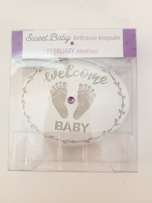 Baby Birthstone Keepsake Rock February Amethyst Hello World New Boy or Girl