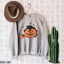 Pumpkin Black Cat Halloween Sweatshirt Spooky Fall Autumn Top