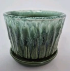 Vtg McCoy USA 0373 Green & Blue Drip Glaze Bamboo Planter w/Saucer 4.75" X 5.5"