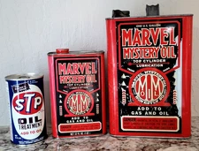 Vintage Petroliana Containers 2 Marvel Mystery Oil (empty) + 1 STP (full)