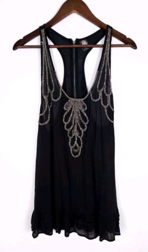 Free People Black Racerback Tank Gold Metallic Rope Applique Sheer - Size 10