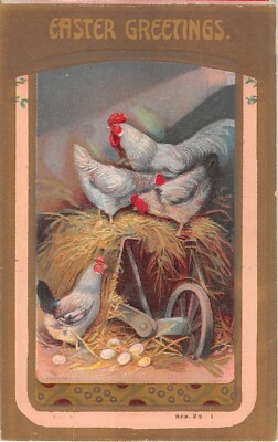 1910 Easter Postcard of Chickens & Eggs With Hay - Ser. 22 I