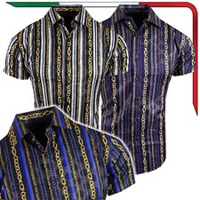 Mens Short Sleeve Shirt Gold Italian Chain Striped Foil Stretch Slim Fit Button