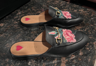 GUCCI Rose Embroidered Horsebit Buckle Black Classic Designer Leather Mules 
