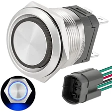 22mm Push Button Switch 15A 120V Latching DPST LED Ring Self Lock with Socket