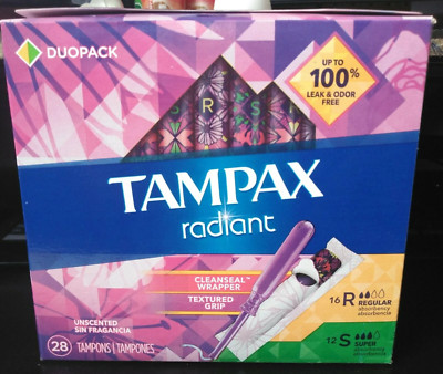 Tampax Radiant DuoPack Unscented Tampons, 28 ct ( 16 Regular, 12 Super ) 