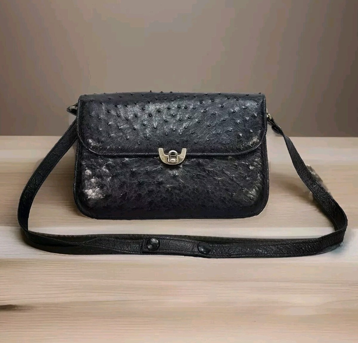 Vintage Fiorenza Genuine Ostrich Handbag Purse Black Gold-tone