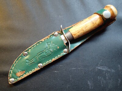 VINTAGE SCOUT KNIFE ERIK FROST MORA w WOOD HANDLE & GREEN SHEATH