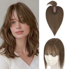 Human Hair Topper with Bangs Remy 8 Inch 2 Dark Brown 150 Density Silk Base