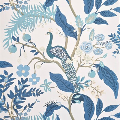 White blue Tropical tree branches leaves flowers peacock botanical Wallpaper 3D