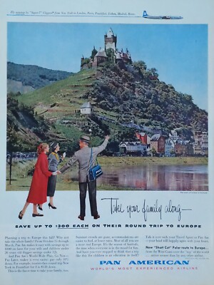 1957 vintage Pan American print ad. Take your family along