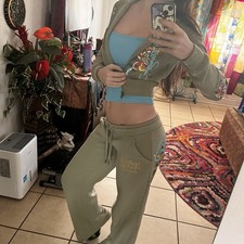 XS Ed Hardy Tracksuit Green Butterfly Sweatsuit Set Crop Cropped Hoodie Pants