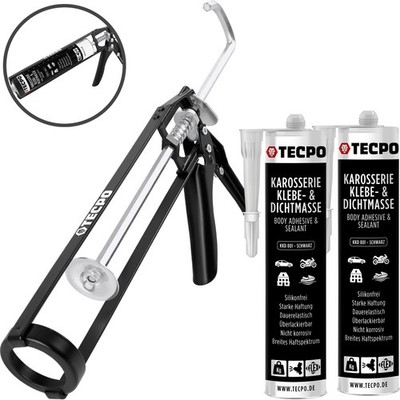 2x TECPO KAROSSERIE KLEBE und DICHTMASSE 370g SCHWARZ + SKELETT-KARTUSCHENPRESSE
