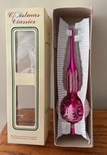 Vintage BLOWN GLASS Pink Finial Christmas TREE TOPPER & Reflector Indents Flock