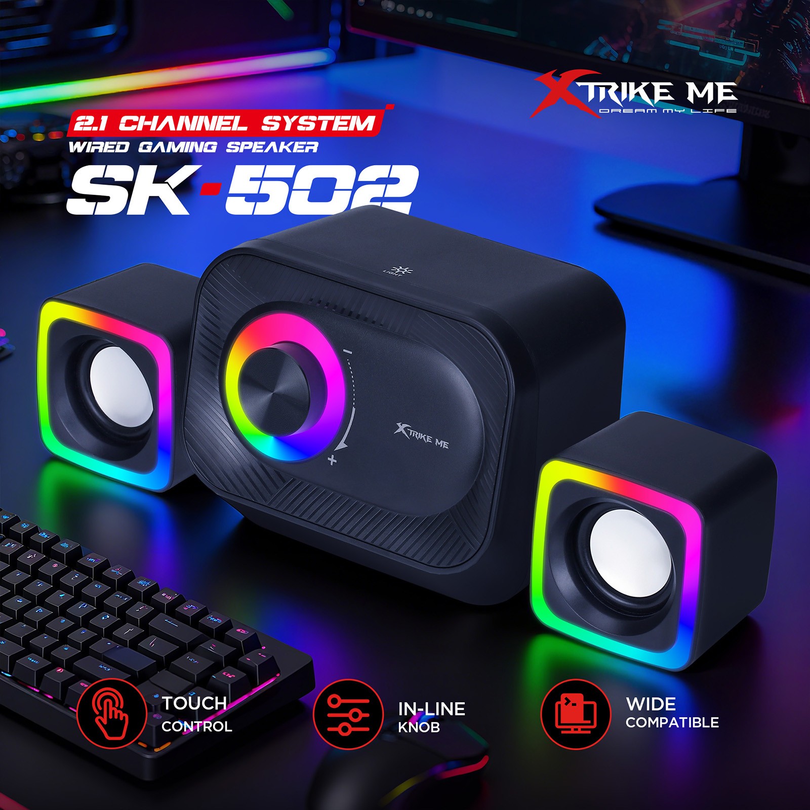 XTRIKE USB Wired Gaming Speakers 2.1 Subwoofer Stereo Touch 