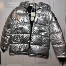 Desigual Girls Silver Puffer Jacket 9/10 Hooded Removable Hood Elastic Cuffs NWT