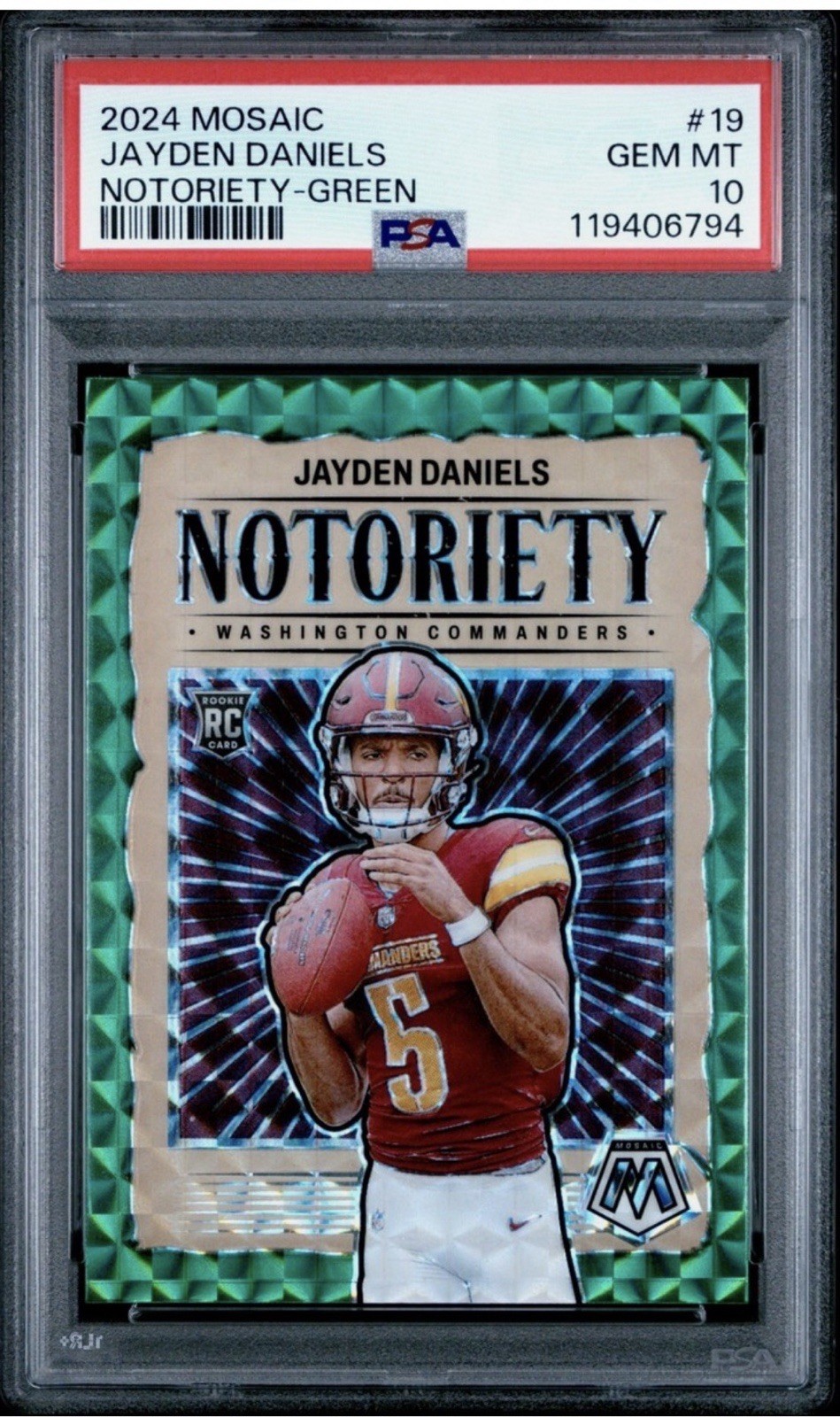 2024 JAYDEN DANIELS PSA 10 PANINI MOSAIC GREEN NOTORIETY #19