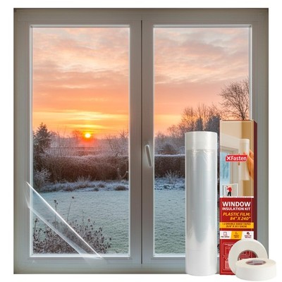 Window Insulation Kit for Winter, Pre-Taped 84'' x 240'' 0.75 mil Clear Window ...