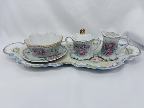 Hutschenreuther German Porcelain Cream Sugar Bowl Tray Set Hand Painted Roses