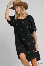 Umgee Black Linen Blend High Low Dress w/ Ribbon Embroidery and Short Sleeves