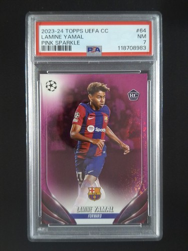 2023-24 Topps UEFA LAMINE YAMAL Rookie RC Pink Sparkle SP Barcelona #64 PSA 7