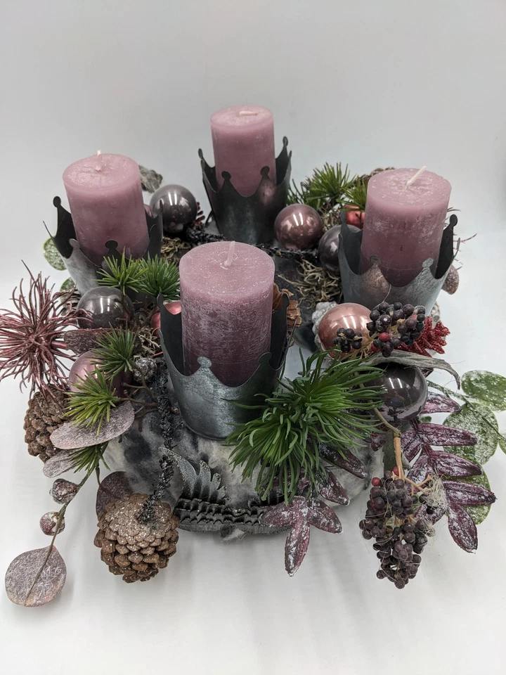 Adventskranz Kerzen Kugeln Kronen Zapfen rosa grau - Bild 3 von 4