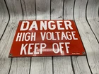 Vintage DANGER HIGH VOLTAGE KEEP OFF Sign - Burdick Chicago 14x10 Red Porcelain