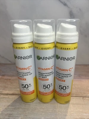 x3 Garnier Vitamin C Brightening Over Makeup UV Mist Invisible 50+ SPF 75ml