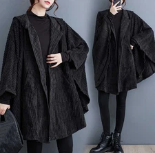 Womens Corduroy Hooded Cape Poncho Wrap Jacket Shawl Cloak Loose Casual Coat