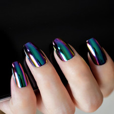 Super Holographic Blue Purple Coffin Nails Mirror Chrome Square Ladies Fake Nail