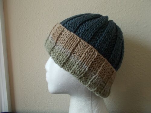 Hand knitted cozy and warm 100% wool beanie/hat, dark gray + beige/lt.gray - Picture 1 of 6