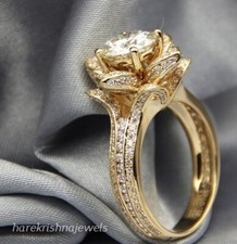 Women Flower Wedding Ring 3CT Lab-Created Round Cut Diamond 14K Yellow Gold Over