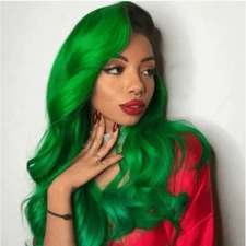Long Wavy T Part Lace Front Wig Dark Roots Ombre Green Synthetic Wigs Heat Fiber