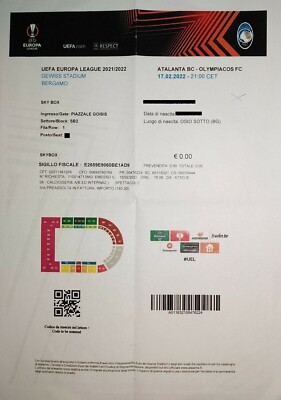 VIP E-TICKET Skybox UEFA Europa League 17.2.2022 Atalanta - Olympiacos Piräus
