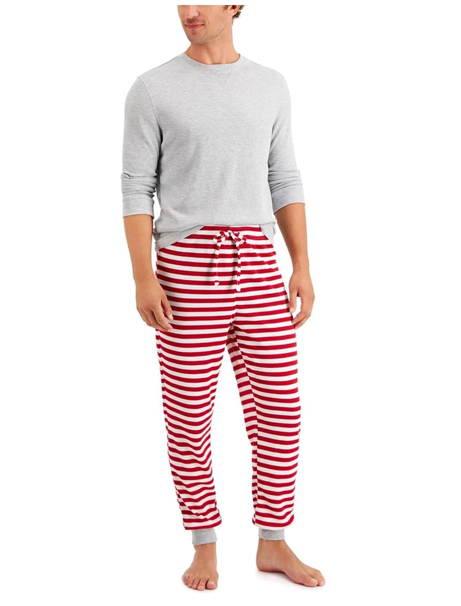 FAMILY PAJAMAS Men's 2-Piece Striped Waffle Thermal Knit Pajama Set XL  X-Large