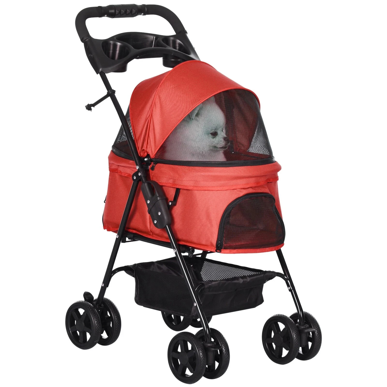 PawHut Pet Stroller Foldable Travel Carriage with Brake Basket Canopy Red