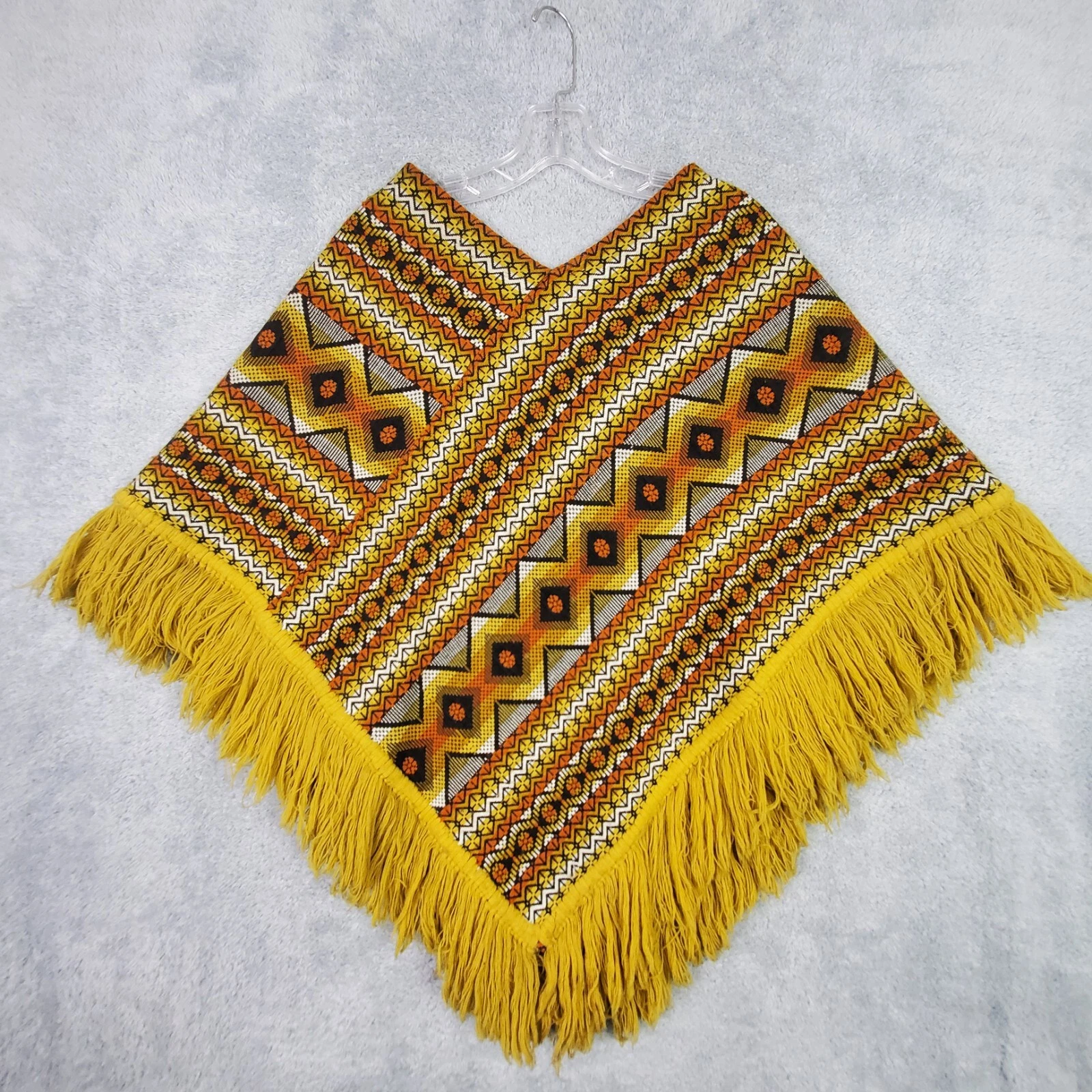 Vtg 70s Guatemalan Huipil Poncho Size S M Yellow Boho Fringe Cape Cotton Acrylic