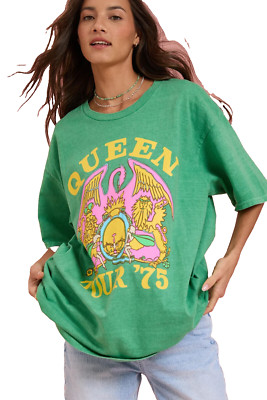 Queen Official Merch Womens Oversized '75 Tour Retro Print Green Shirt New M/L