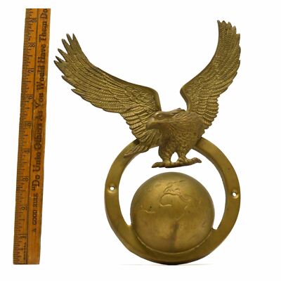 Vintage SOLID BRASS WALL PLAQUE 9'' Art Deco EAGLE AND WORLD GLOBE Nautical Decor