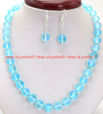 Natural 6/8/10/12mm Blue Gleamy Moonstone Round Gems Necklace Earrings 18'' AAA
