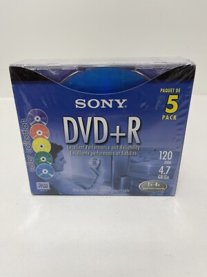 5 pack SONY DVD+R 120 min. 4.7 GB Color Collection Blank Recordable DVD