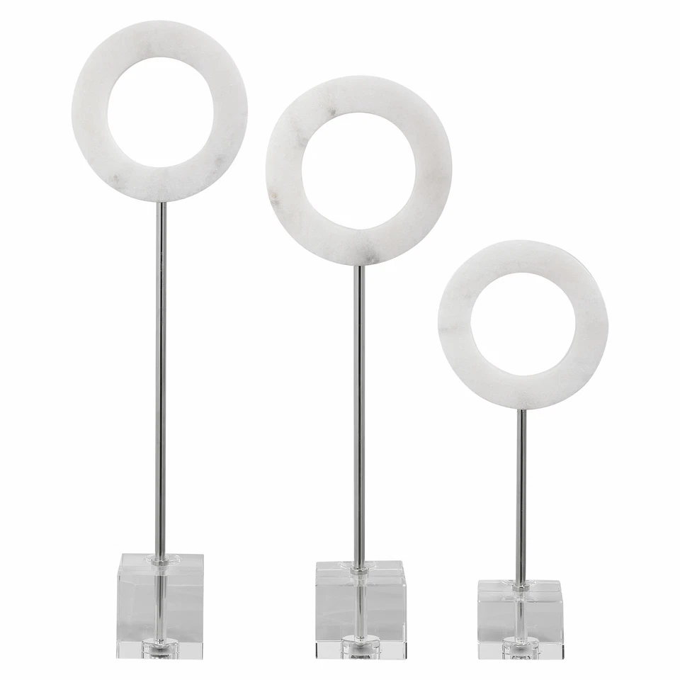 Juego de escultura de anillo de mármol blanco de lujo 3 círculos cuadrados plata geométrica mediados de siglo Foto 3 de 4